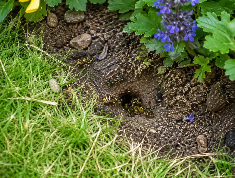 Wasps at an underground nest entrance at a lawn edge