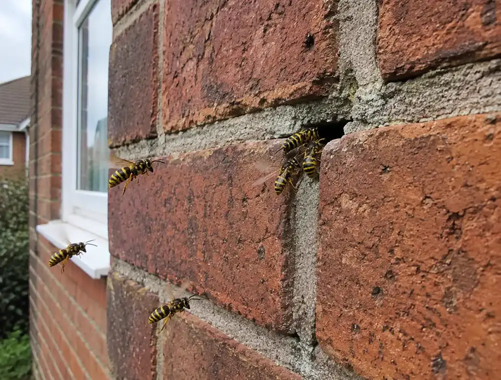 Wasps entering a gap in brick mortar into a wall cavity